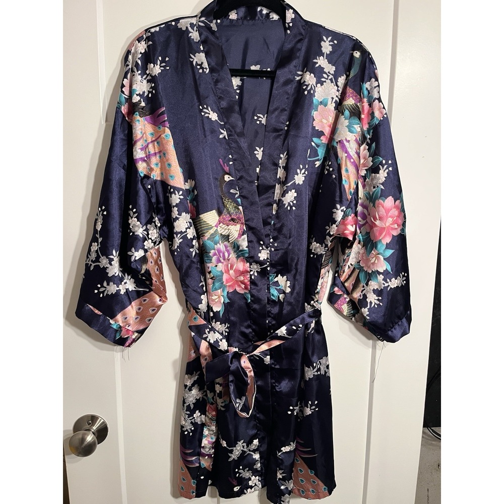 Women's Satin Kimono Robe Navy Blue Peacock Floral Print Belted Lounge Robe